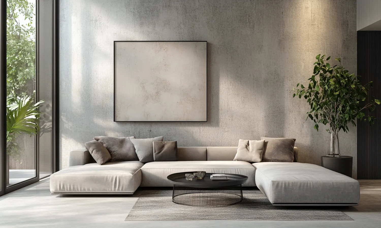 Living room with a textured microcement feature wall