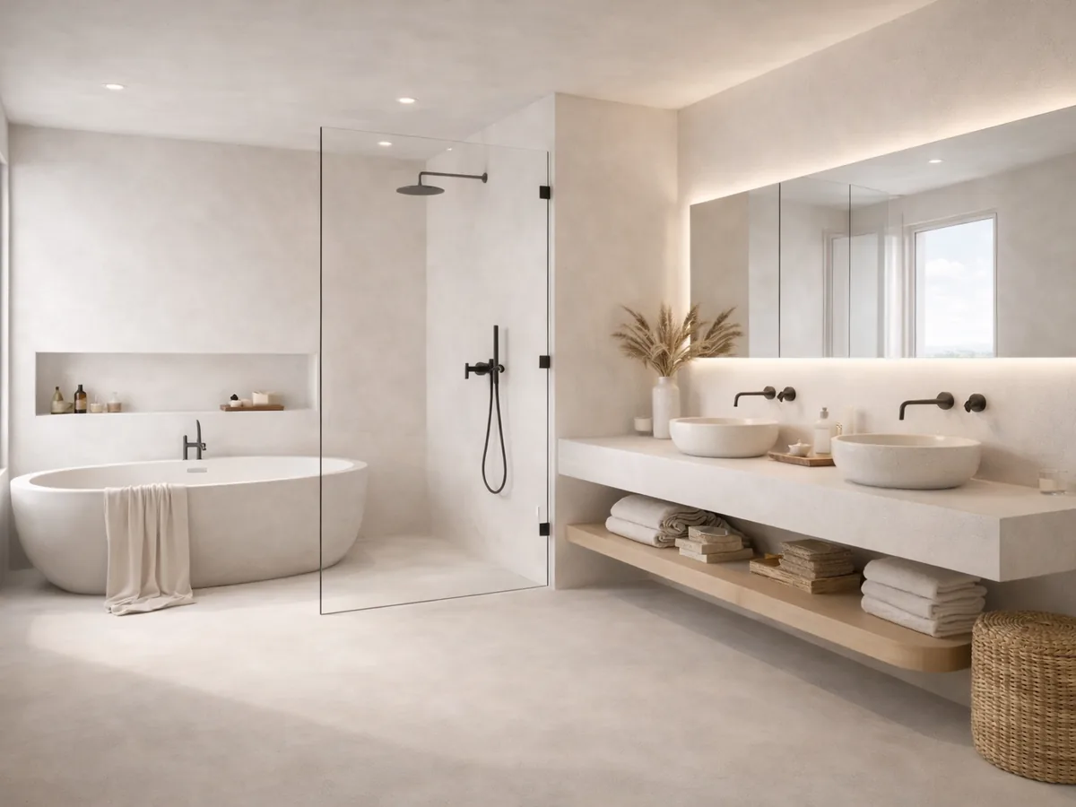 Bathroom with continuous decorative surfaces