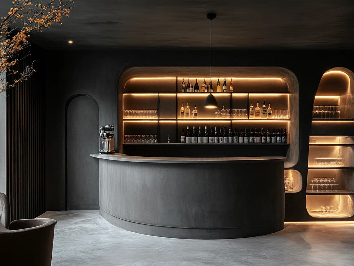 Hospitality interior with continuous decorative surfaces