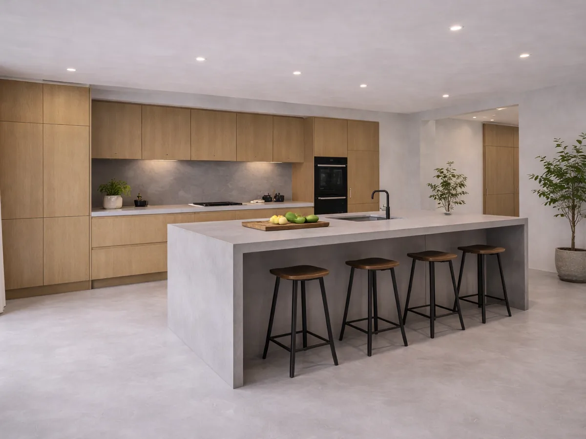 Kitchen island with a seamless cement-based finish