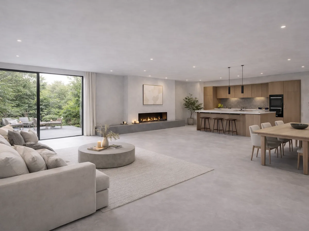 Open-plan interior with a continuous floor finish