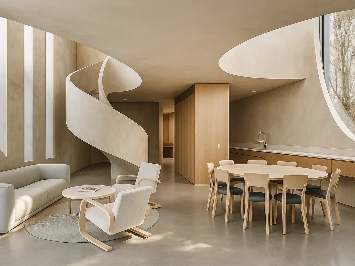 Staircase and floor with a continuous microcement finish