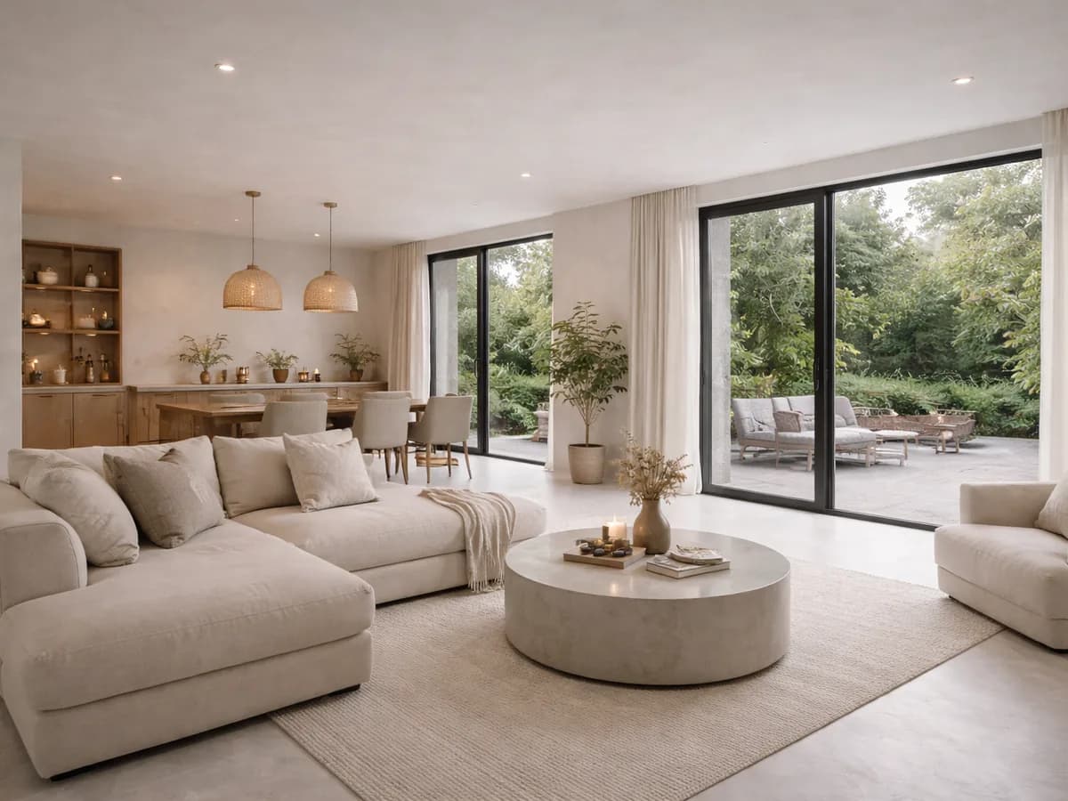 Living room with a continuous microcement floor